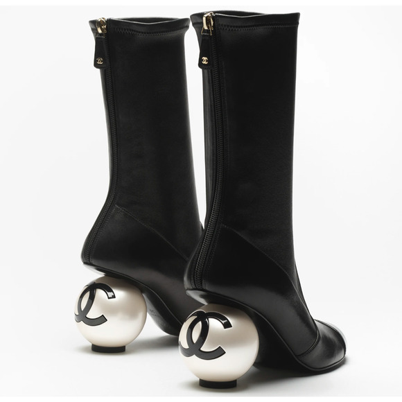 CHANEL Shoes - Chanel 25K Black White Pearl Ball Heel CC Logo Stretch Leather Mid Calf Boots 39